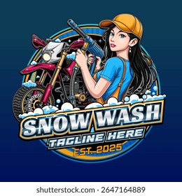Logotipo para o negócio de lavagem de carro com ilustração de supermoto e menina de lavagem de carro
