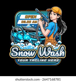 Logotipo para o negócio de lavagem de carro com ilustração de supermoto e menina de lavagem de carro