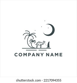 Logo caravan line art Camels and people in desert sand under hot sun in circle wavy white background ,Design template icon.