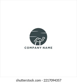 Logo caravan line art Camels and people in desert sand under hot sun in circle wavy white background ,Design template icon.