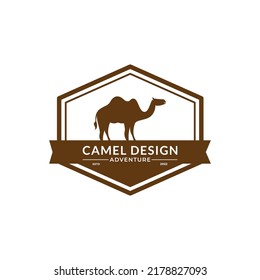 Logo caravan outline Camels in desert sand under hot sun in circle wavy white background ,Design template icon.