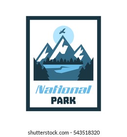 Logo, card, emblem, sticker National Park. Winter landscape, mountains, forest. Vector illustration, flat style