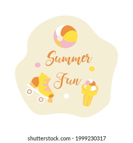 Logo, card or other template design for summer activities and fun. Vector illustration with quads, ice cream and ball in yellow colors. 