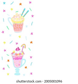Logo, card, sticker or other design of a colorful cup of cocoa with marchmallows and stars. 