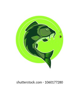 Logo carp fishing emblem green round shape, fish icon fishing line with hook and boilie