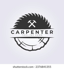logo of carpentry, woodworker hammer symbol, timber and saw icon vector illustration template design