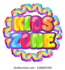Logo cartoon for children. Colorful bubble letters for the children's playroom. The inscription on  background with confetti and serpentine.  Kids zone Vector illustration