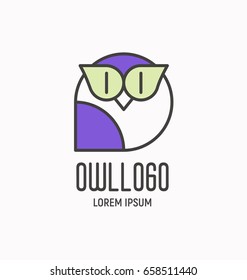 Logo with cartoon serious and wise owl, design element for school, business, pet shop logo. Vector illustration.