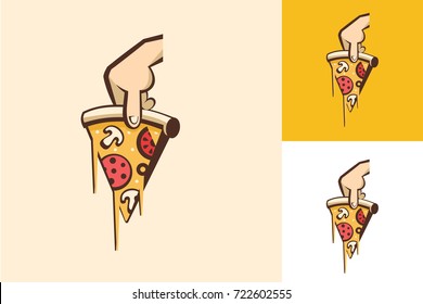 Logo in cartoon style for cafe pizzeria. Slice of pizza with mushrooms, sausage, tomatoes and cheese in hand. Vector illustration.