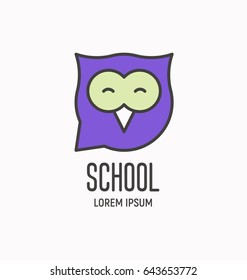 Logo with cartoon wise owl, design element for school, business, pet shop. Vector illustration.