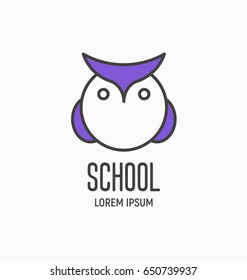 Logo with cartoon wise owl, design element for school, business, pet shop. Vector illustration.