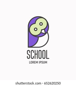 Logo with cartoon wise owl, design element for school, business, pet shop. Vector illustration.