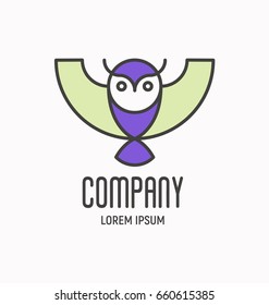 Logo with cartoon wise owl with opened wings, design element for school, business, pet shop. Vector illustration.