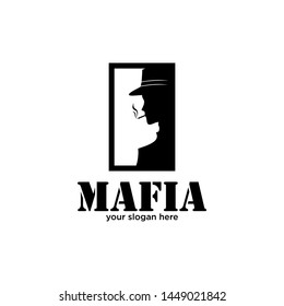 
Logo of a casual and elegant mafia with tuxedo, smoking and wearing a hat
