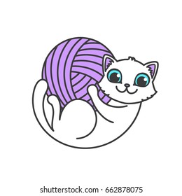 Logo with cat in circle composition. Little kitten lies on the back and hold in own paws yarn ball. Logotype for handmade company or shop