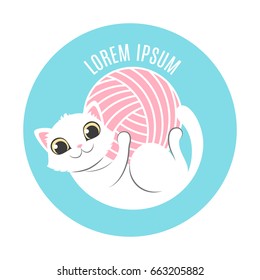 Logo with cat in circle composition. Little kitten lies on the back and hold in own paws yarn ball. Logotype for handmade company or shop