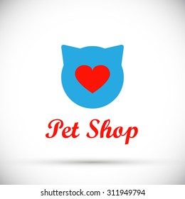 Logo cat heat with heart. Bright brand sign concept of pet shop or vet clinic. Isolated on white background.