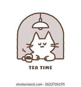 The logo of a cat illustration character in a warm atmosphere drinking tea time coffee