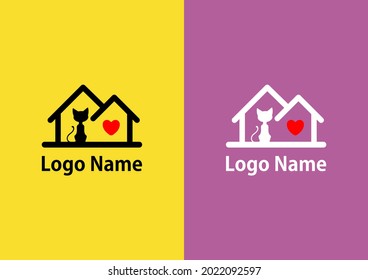 Logo cat inside house with heart symbol simple color minimal modern abstract creative