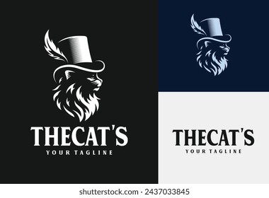  logo of a cat wearing a hat in vintage style on a black background