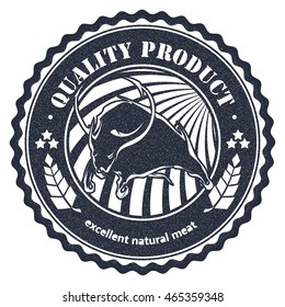 Logo cattle farm in a grunge style on white background. Black bull on a circular badge. Stock vector illustration.