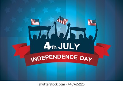 Logo celebrate 4 July independence day of American on national flag background. People waving flags and gambol in silhouette style.