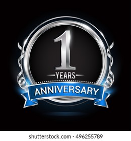 Logo celebrating 1 years anniversary with silver ring and blue ribbon.