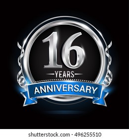 Logo celebrating 16 years anniversary with silver ring and blue ribbon.