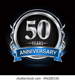 Logo Celebrating 50 Years Anniversary With Silver Ring And Blue Ribbon.