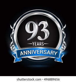 Logo celebrating 93 years anniversary with silver ring and blue ribbon.