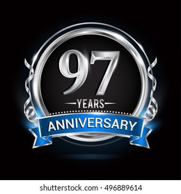 Logo celebrating 97 years anniversary with silver ring and blue ribbon.