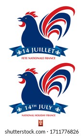 A logo celebrating a National Holiday in France, known as 'Quatorze Juillet", where in 1789 the people stormed the Bastille Castle to overthrow the government. French version with English translation