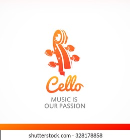 Logo of Cello with peghead in orange color. Style colorful vector illustration.