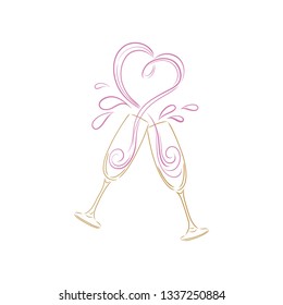 logo champagne glasses with heart, vector illustration, freehand drawing, outline, doodle style