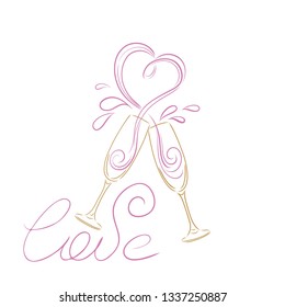 logo champagne glasses with heart, vector illustration, freehand drawing, outline, doodle style, lettering love