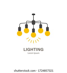 Logo with chandeliers for the store with a modern design. Vector illustration with various silhouettes of light bulbs. Lighting store. Home decor for interior decoration.