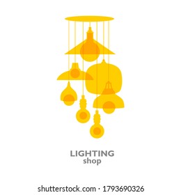 Logo with chandeliers for the store with a modern design. Vector illustration with various silhouettes of light bulbs. Lighting store. Home decor for interior decoration.