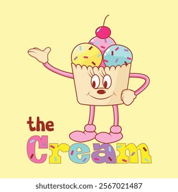 Logo character mascot ice cream, ice cream cup, ice cream balls, ice cafe, groovy style, groovy style, afe