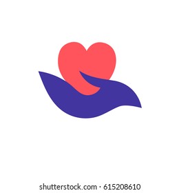 Logo of charity. Icon donations. Heart on palm. Vector illustration