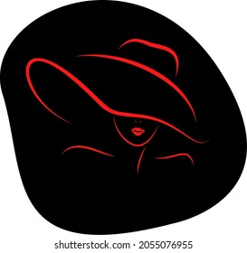 Logo de una encantadora dama con un sombrero grande. Señora con sombrero grande aislada en un fondo negro plano. Vector de una mujer con un gran sombrero aislado diseño de logo. Logo de una dama con labios calientes y sombrero.