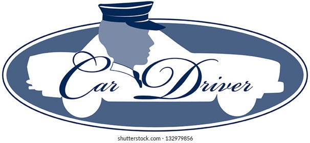 Logo For Chauffeur Service. Silhouette Head With Hat Elegant Uniform. Silhouette Of Car Class