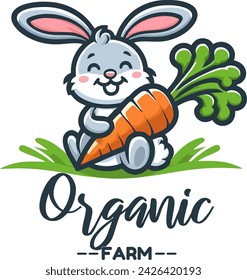 logo A cheerful cartoon rabbit holding a carrot with the text Organic Farm using handwritten font