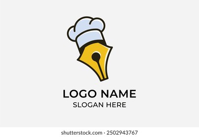 Logo Chef hat and Pen nib. vlogger, food writer, food review, class cook, learning cook, recipe. Editable file