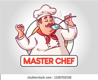 Logo with chef and ladle. The chief from the ladle tries the dish. The illustration is suitable for decorating a restaurant, cafes, eateries, menus.