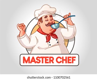 Logo with chef and ladle. The chief from the ladle tries the dish. The illustration is suitable for decorating a restaurant, cafes, eateries, menus.