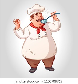 Logo with chef and ladle. The chief from the ladle tries the dish. The illustration is suitable for decorating a restaurant, cafes, eateries, menus.