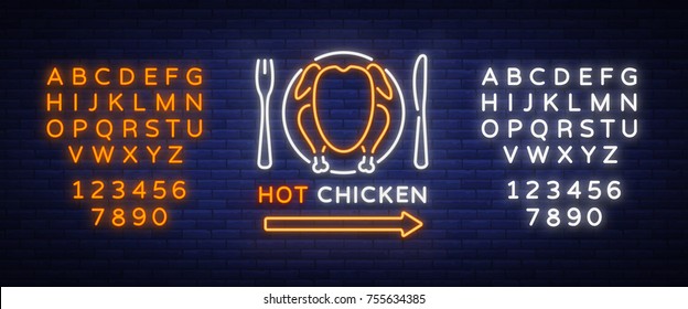 Logo Chicken Barbecue is a neon-style logo for a food store and a restaurant. Neon sign, night bright advertising chicken grill. Vector illustration. Editing text neon sign. Neon alphabet.