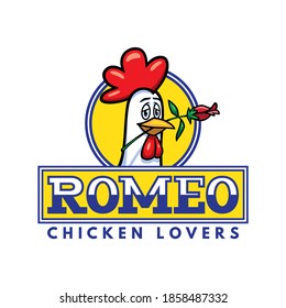 Logo for a chicken company, consisting of the icon of the head of a friendly chicken, holding a rose with the peak and a design that includes a text that says: Romeo, chickens lovers. Cartoon style.