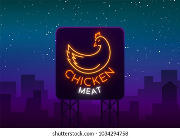 Logo Chicken meat, emblem, sign in neon style isolated, vector illustration. Neon banner, bright neon sign, glowing night advertisement, chicken meat, barbecue, grill. Billboard