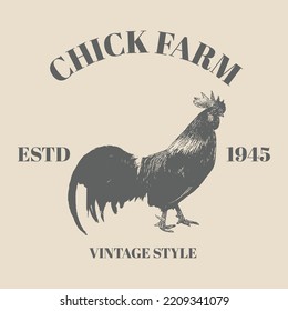 Logo Chicken vintage illustration. Vector hen what standing side view. Farm animal sketch illustration. Graphical silhouette chicken and inscription hand drawn illustration template design